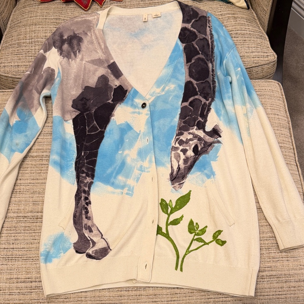 Moth for Anthropologie Giraffe Print Cardigan Sweater - Blue and Cream